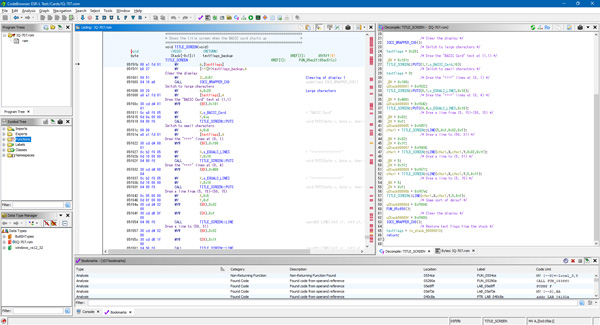 Screenshot of Ghidra showing the disassembly and decompilation of the IQ-707's title screen routine