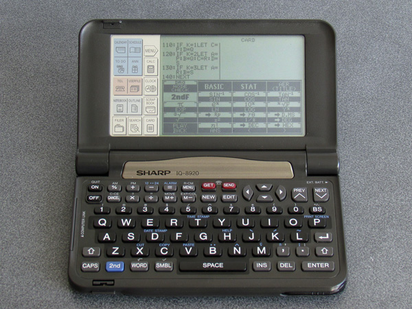 Photo of a Sharp IQ-8920 organiser running the IQ-707 BASIC Card