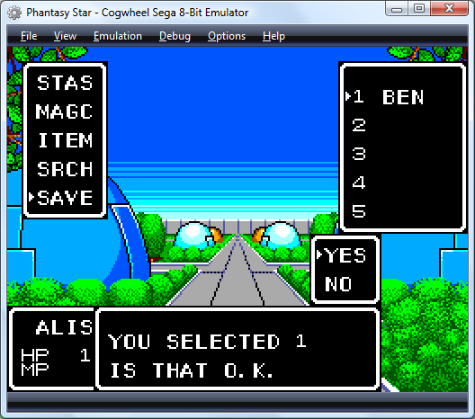 Phantasy Star save screen
